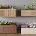 Hanging And Floor Wooden Flower Boxes With Colorful Flowers And Green Plants