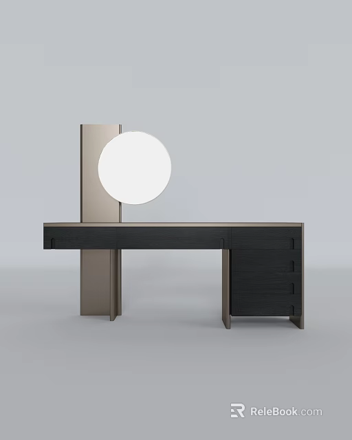 Modern Dressing Table with Round Mirror and Black Wooden Drawers Minimalist Design 3d model 