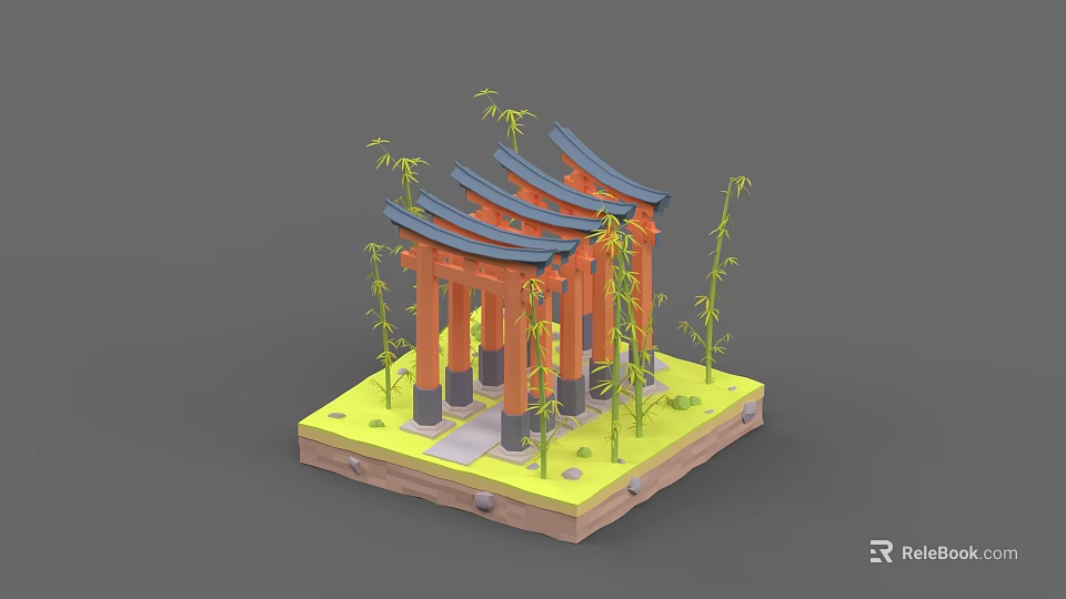 Ancient Architecture With Red Pillars Blue Multi tiered Roof Bamboo Plants And Stone Base 3d model 