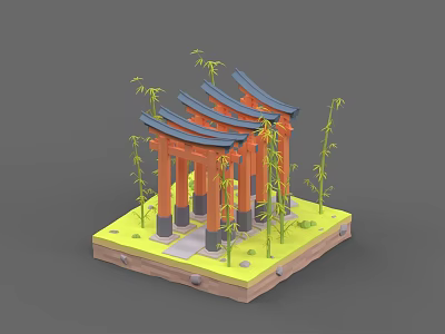 Ancient Architecture With Red Pillars Blue Multi tiered Roof Bamboo Plants And Stone Base 3d model