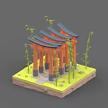 Ancient Architecture With Red Pillars Blue Multi tiered Roof Bamboo Plants And Stone Base