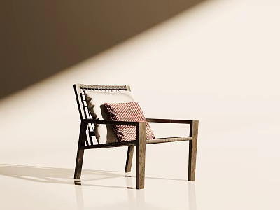 Minimalist Accent Chair With Wooden Frame And Red White Checkered Cushion 3d model