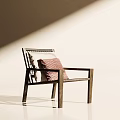 Minimalist Accent Chair With Wooden Frame And Red White Checkered Cushion