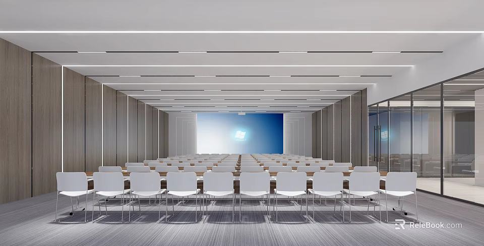 Modern Conference Room With Spacious Interior Rows Of White Chairs Large Screen And Ceiling Lights 3d model 