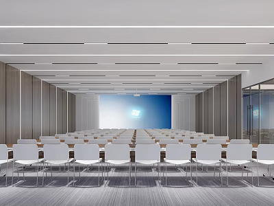 Modern Conference Room With Spacious Interior Rows Of White Chairs Large Screen And Ceiling Lights 3d model