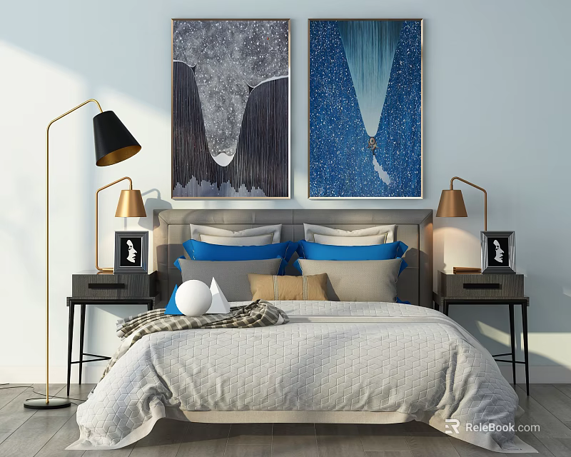 Double Bed with Gray Bedding Blue Gray Pillows Modern Paintings Above Headboard Side Table Lamps 3d model 