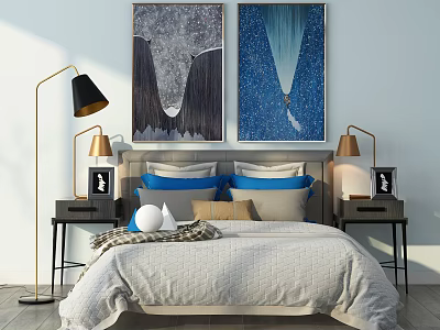 Double Bed with Gray Bedding Blue Gray Pillows Modern Paintings Above Headboard Side Table Lamps 3d model