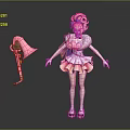 Game Movie Character With Pink Hair Frilly Pink Dress Holding Decorative Staff