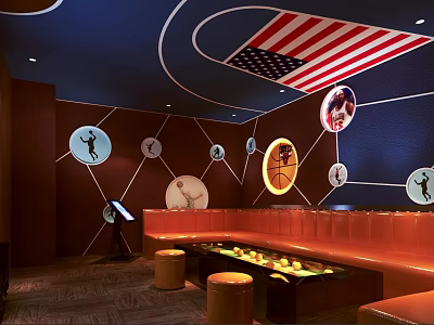 KTV Room With Dark Blue Ceiling American Flag Circular Artworks Sports Silhouettes And Orange Sofas 3d model