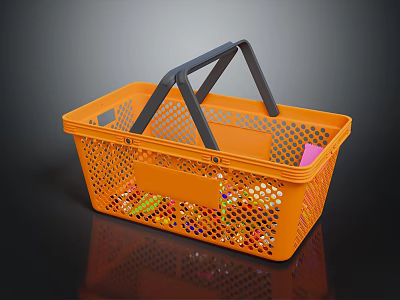 Orange Plastic Shopping Basket With Black Handles And Colorful Items Inside 3d model
