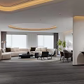 Modern Living and Dining Room With Circular Ceiling Lighting Curved Sofa Round Table And Sheer Curtains