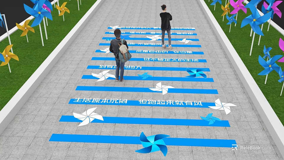 Colorful Windmills Surround Blue Stripe Floor Stickers With White Paper Windmill Patterns And People Walking 3d model 