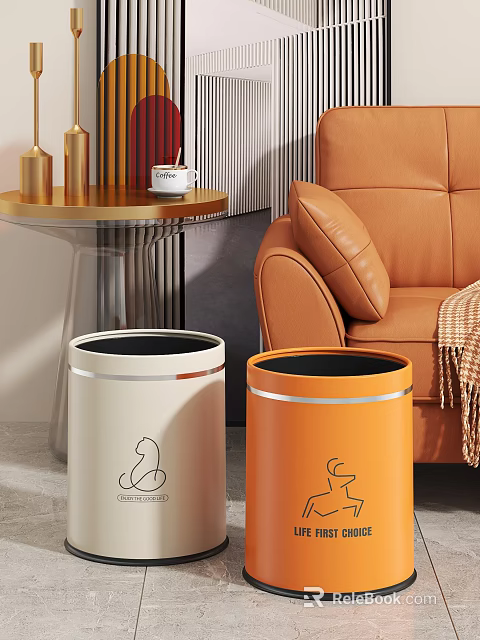 Modern Living Room Decor With Round Side Table Golden Top Metal Frame And Orange Sofa 3d model 