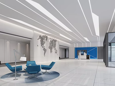 Modern Lobby Reception Desk With World Map Wall And Blue Chairs 3d model