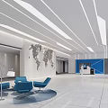Modern Lobby Reception Desk With World Map Wall And Blue Chairs
