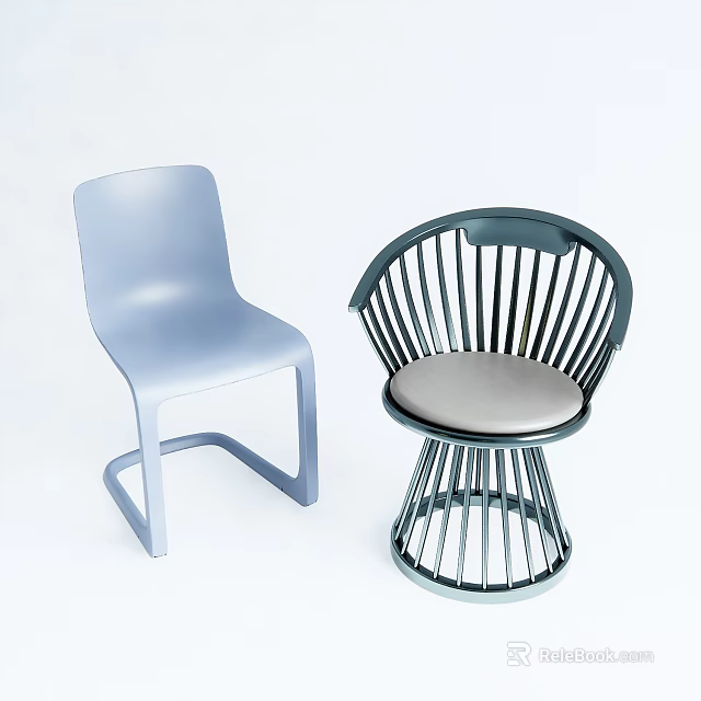 Two Modern Leisure Chairs With Light Blue Curved Design And Dark Striped Backrest Gray Cushion 3d model 