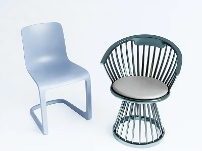 Two Modern Leisure Chairs With Light Blue Curved Design And Dark Striped Backrest Gray Cushion 3d model