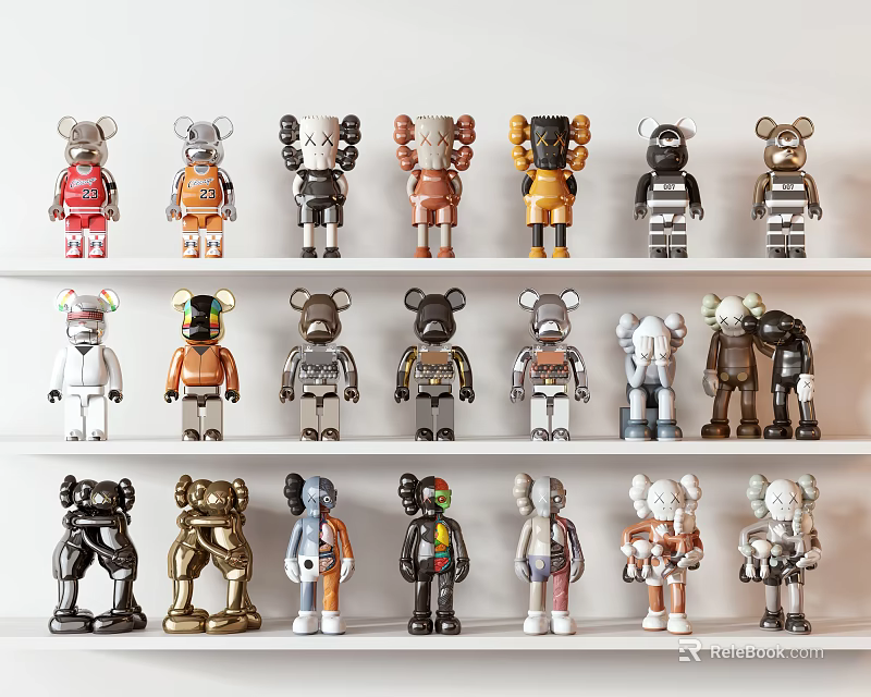 Stylish Decorative Figurine Collection With Multicolored Designer Toy Figures On White Shelves 3d model 