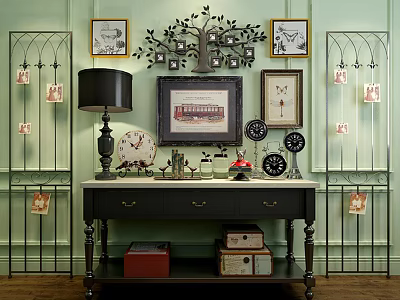 Stylish Entryway Console Table with Decorations Picture Frames and Table Lamp on Light Green Wall 3d model