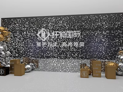 Xuanshang International Photo Check In Spot With Sequin Backdrop Gold Silver Decorations And Gift Boxes 3d model