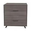 Modern Gray Wooden Nightstand With Two Drawers And Black Legs For Bedroom