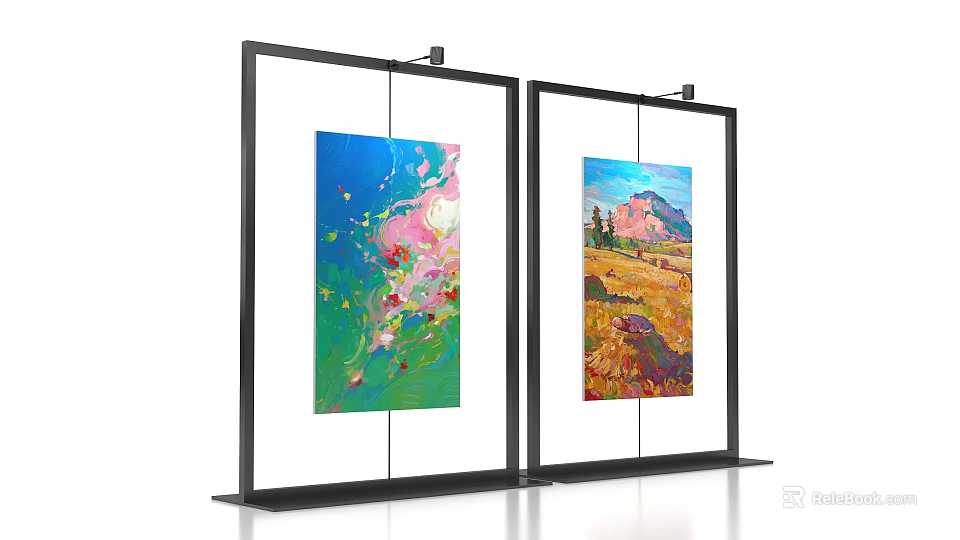 Two Black Frame Display Stands With Colorful Abstract And Landscape Paintings 3d model 