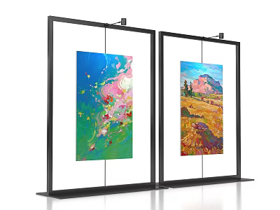 Two Black Frame Display Stands With Colorful Abstract And Landscape Paintings 3d model