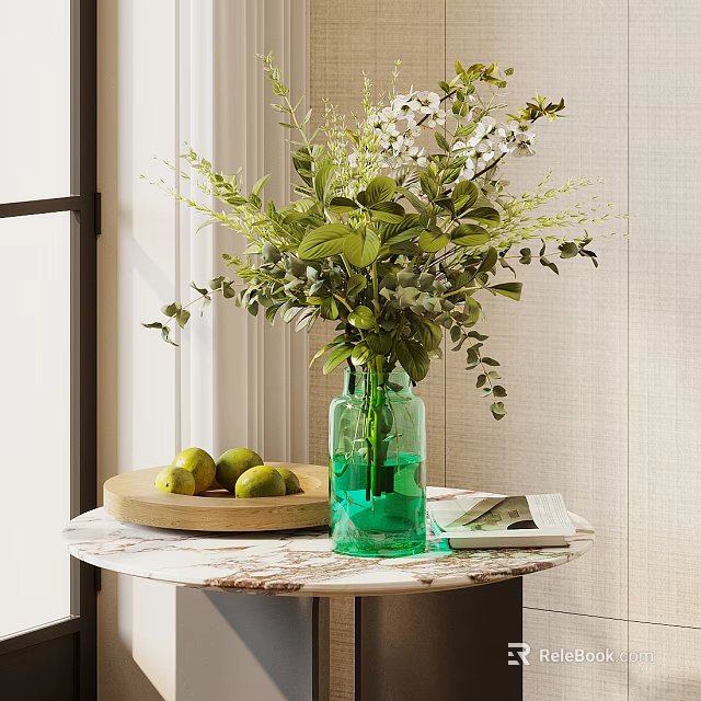 Green Vase with White Flowers and Green Plants on Marble Tabletop Wooden Tray Limes 3d model 