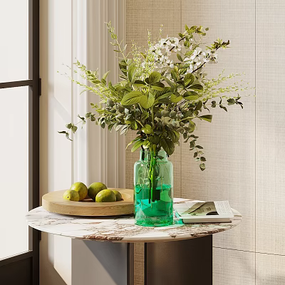 Green Vase with White Flowers and Green Plants on Marble Tabletop Wooden Tray Limes 3d model