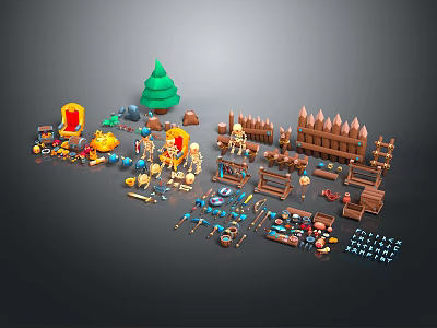 Lego Castle Gate with Various Lego Parts Trees Chairs and Weapons 3d model