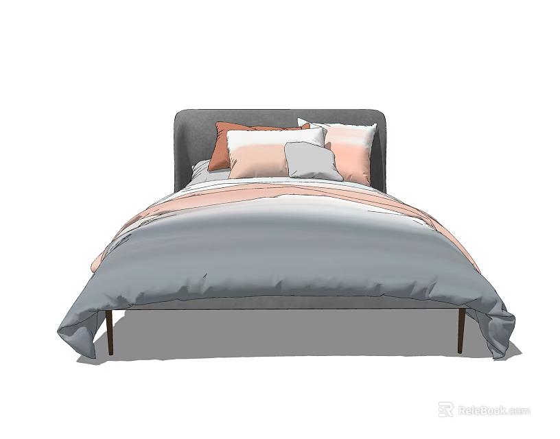 Modern Double Bed With Gray Headboard Pink White Pillows And Striped Bedspread 3d model