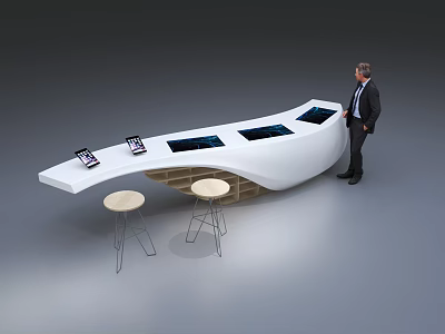 Modern Curved White Display Shelf With Tablet Devices And Stools For Exhibition 3d model