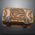 Colorful Decorative Box With Painted Floral And Figure Motifs And Antique Metal Clasps