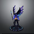 3D Fantasy Character with Purple Blue Gradient Wings Holding Spear on Blue Glowing Circular Base