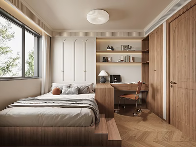 Modern Bedroom Interior With Wooden Furniture Natural Light Bed Desk Chair And Bookshelf 3d model