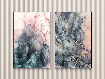 Two Abstract Paintings With Pastel Pink Teal Gray And Golden Accents Hanging On Striped Wall 3d model