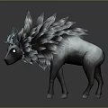Game Fantasy Creature Character With Blue Antlers White Eyes And Gray Feathery Fur