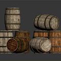 Vintage Rustic Wooden Barrels Stacked And Arranged On Dark Background