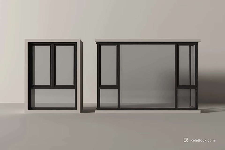 Two Modern Bay Windows Featuring Black Frame And White Wall Background 3d model 