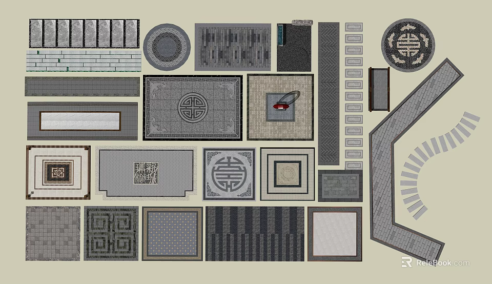 Garden Path Paving With Various Traditional Patterns And Geometric Stone Designs 3d model