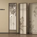 Traditional Chinese Room Divider With Bamboo And Crane Patterns Dark Frame Interior 3d model