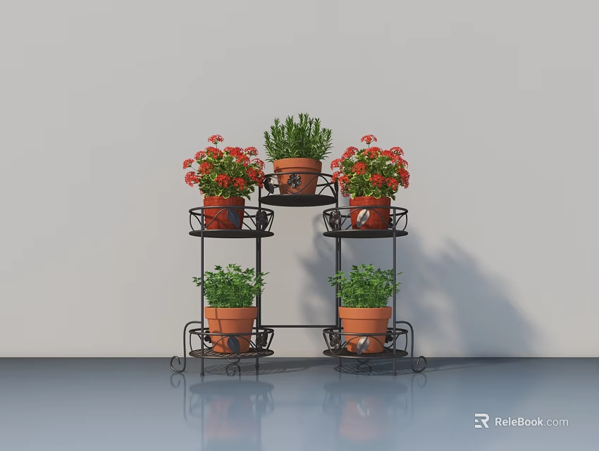 Potted Plants On Black Metal Tiered Stand With Red Flowers Green Foliage And Terracotta Pots 3d model 