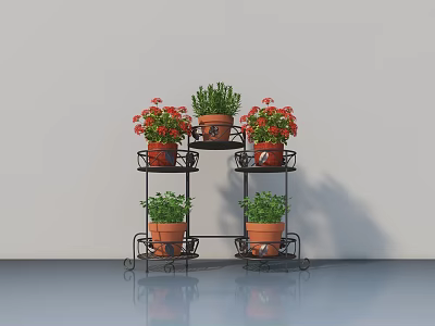 Potted Plants On Black Metal Tiered Stand With Red Flowers Green Foliage And Terracotta Pots 3d model