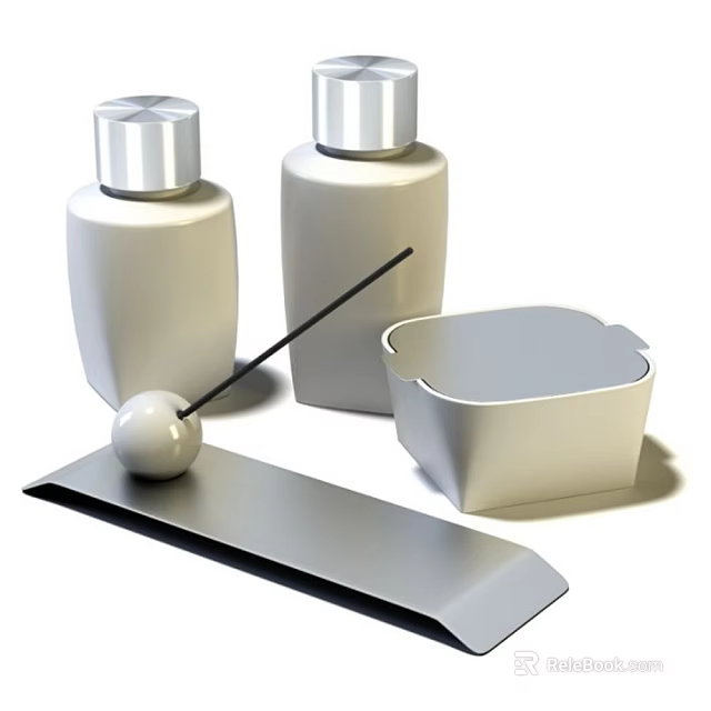 Modern Minimalist Household Items With White Bottles Metal Tray And Storage Container 3d model 
