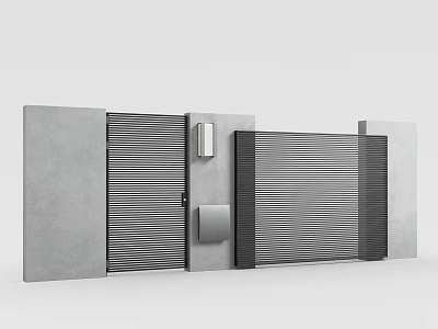 Modern Gray Metal Entrance Gate With Vertical Slats Wall Panels And Lighting Fixture 3d model