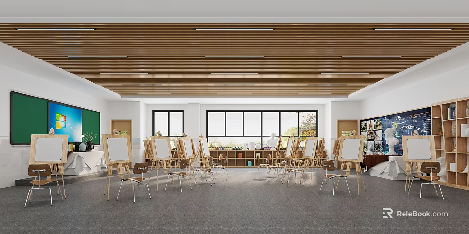 Art Education Classroom With Multiple Drawing Easels Blackboard And Large Windows 3d model 