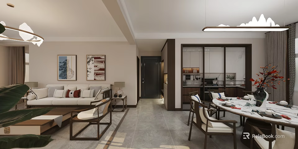 Elegant New Chinese Style Open Living And Dining Room Interior Design With Warm Wooden Furniture 3d model 