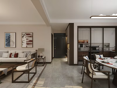 Elegant New Chinese Style Open Living And Dining Room Interior Design With Warm Wooden Furniture 3d model