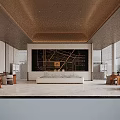Modern Reception Desk With Marble Countertop Dark Wooden Backdrop Table Lamps And Recessed Lighting