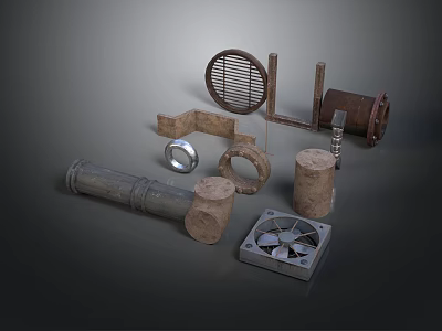 Industrial Machinery Equipment Components Including Metal Pipes Grille Fan And Rings 3d model